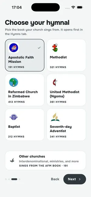 Bhaibheri app: choosing a church hymnal, from Apostolic Faith Mission to Seventh-day Adventist