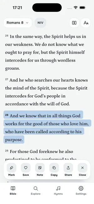 Bhaibheri app: Romans 8:28 highlighted, with options to mark, save, note, copy or share it