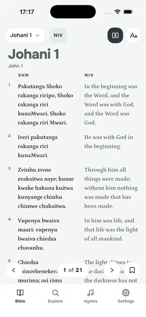 Bhaibheri app: John 1 in Shona beside the English, verse for verse