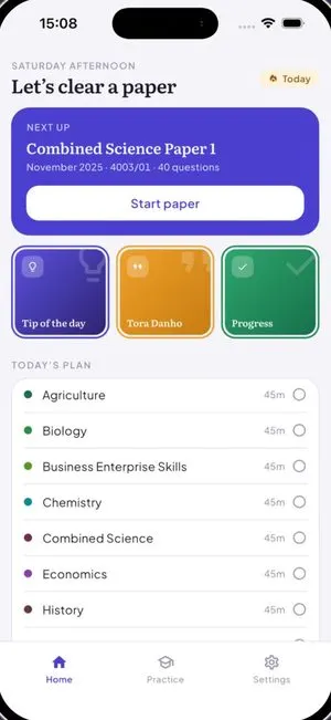Danho app home: the next past paper to sit and today's plan by subject