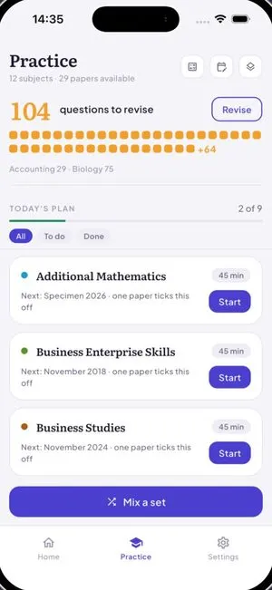 Danho app: today's revision plan, with the questions left to revise and a paper to start per subject