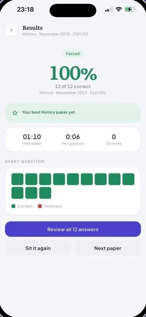 Danho app: a History paper marked at 100 percent, with every question shown correct