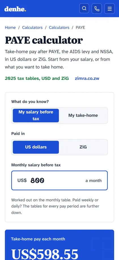 Denhe: the PAYE calculator working out take-home pay from a monthly salary