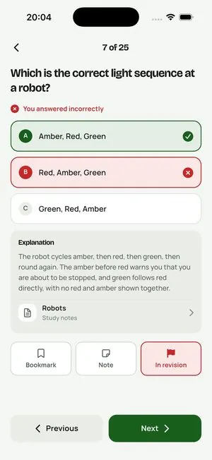 Provisional app: a marked answer on robot light sequence, with the explanation