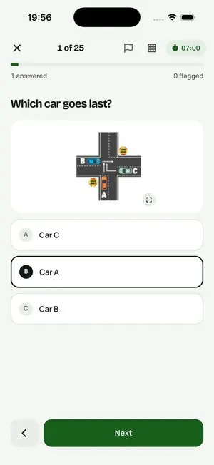 Provisional app: a timed test question asking which car at a junction goes last