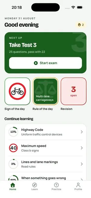 Provisional app home: the next test, the sign and rule of the day, and Highway Code progress