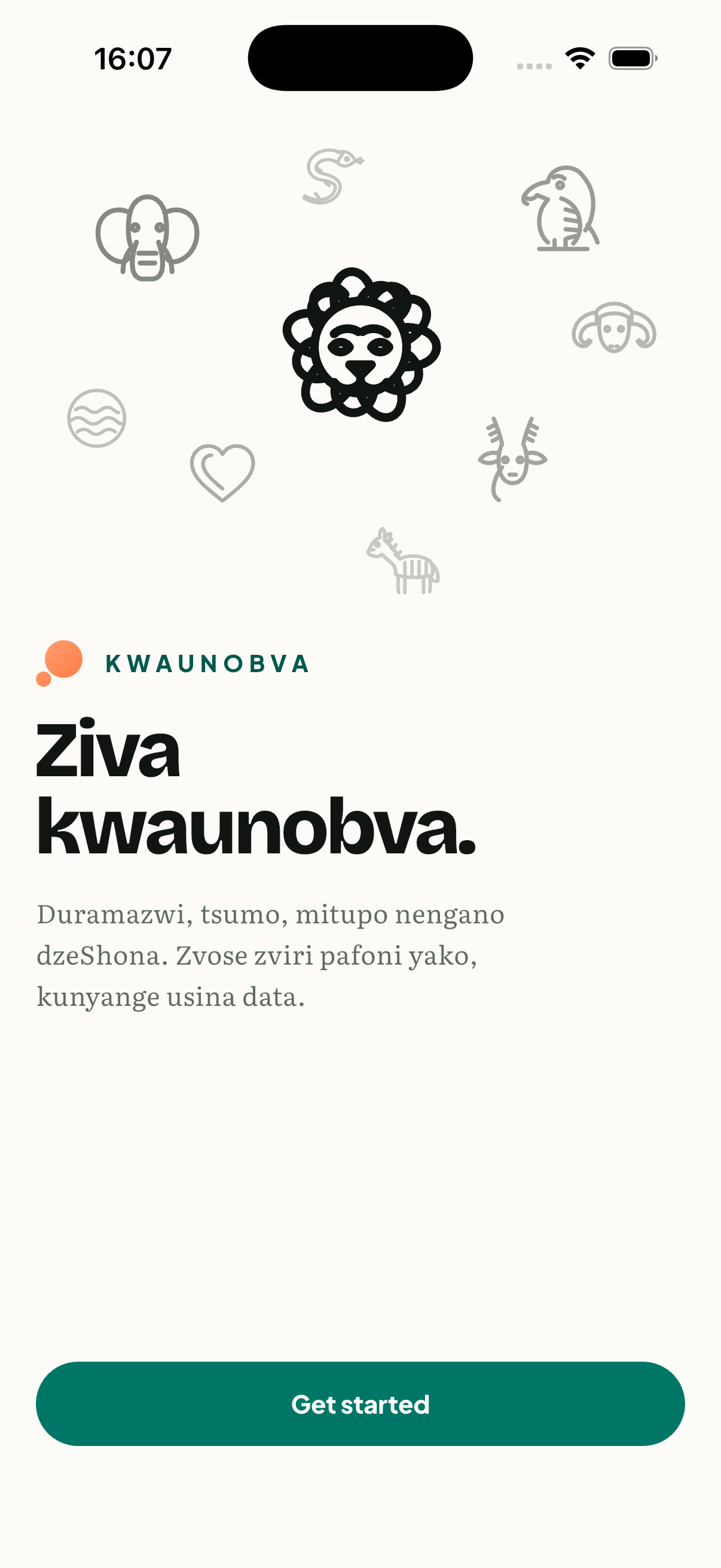 Kwaunobva welcome screen with totem icons